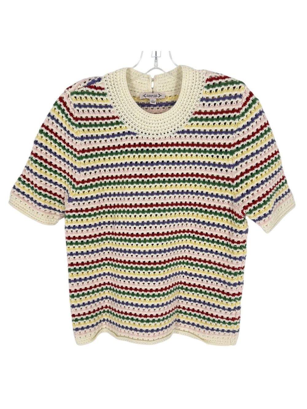 Nanette Lepore Open Knit Sweater Womens Size Large Rainbow Stripe Short Sleeve